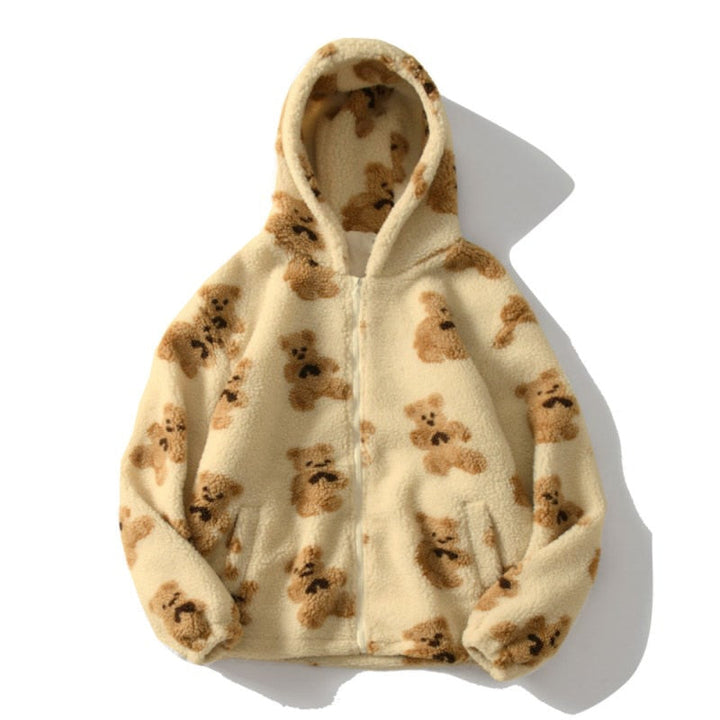 Bear Teddy Print Pluszowy Kurtka Fluffy Kaptur Outerwear