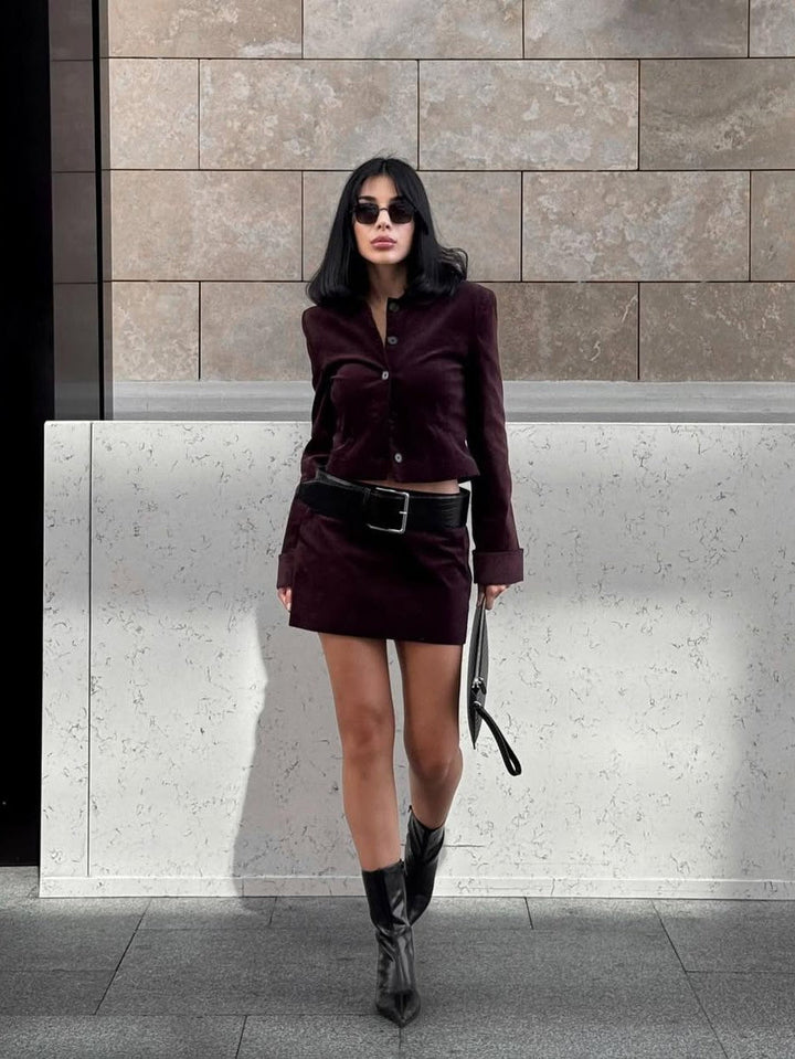 Kurtka &amp; krótka Skirt z Belt Coordwation Set