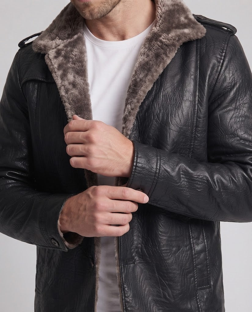 Męska imitacja skóra pilot kurtka z teddy fleece lwwg i shoulder epaulettes