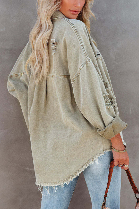 Revers długa rękaw Ripped denim kurtka