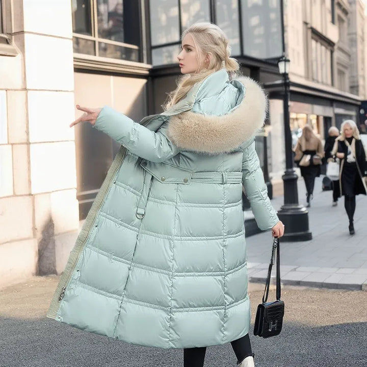 Damska długa Wwter płaszcz z Fur kapturem i Belt