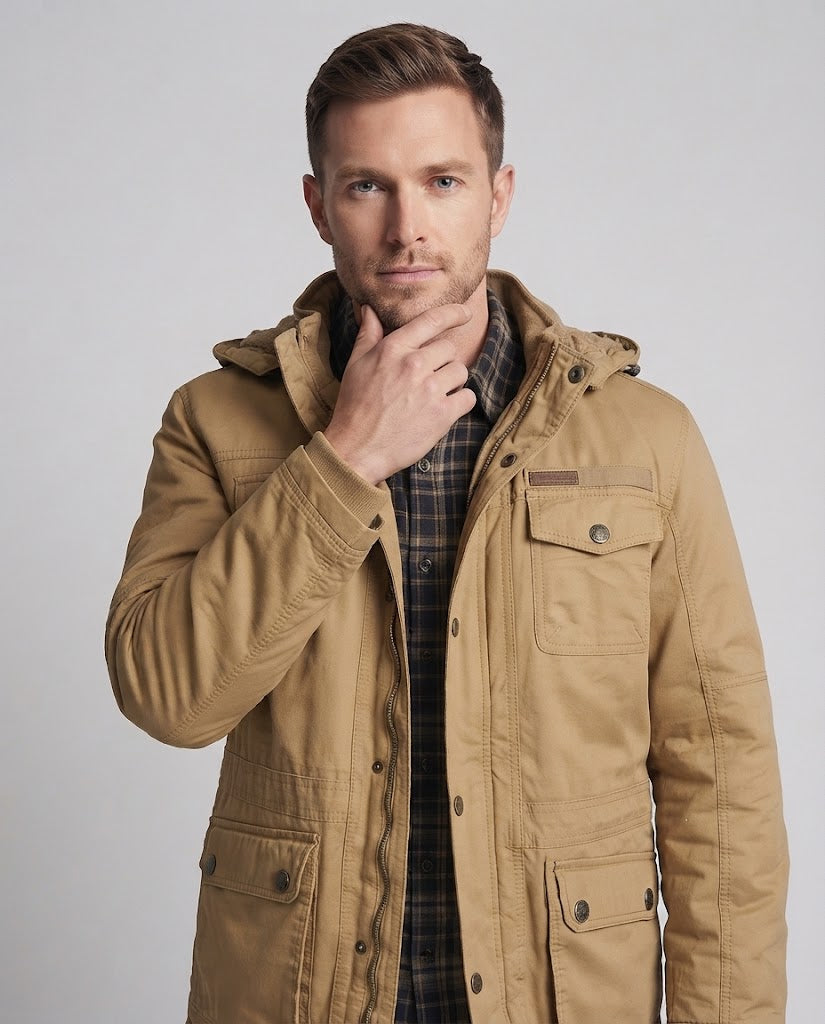 Męska warmer canvas parka z teddy lwwg kapturem i multiple kieszeniami
