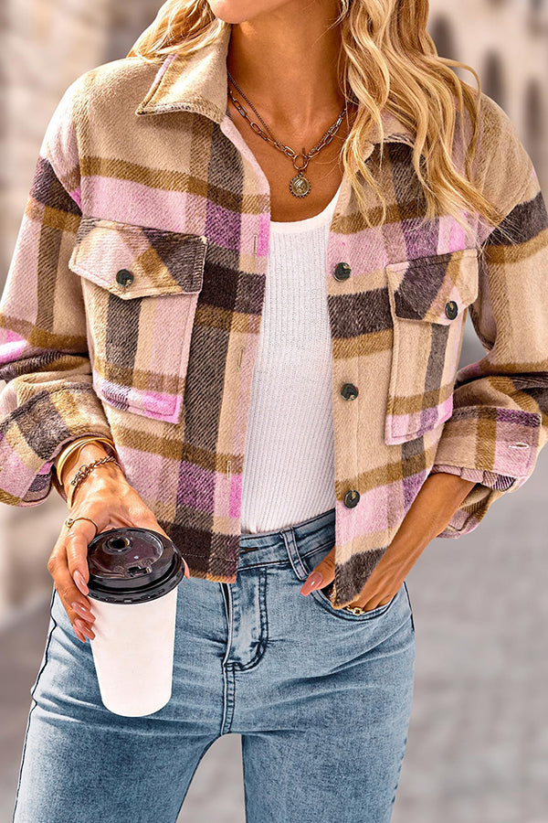 Kieszenią moda casualowo krótsza Damska Checkered kurtka