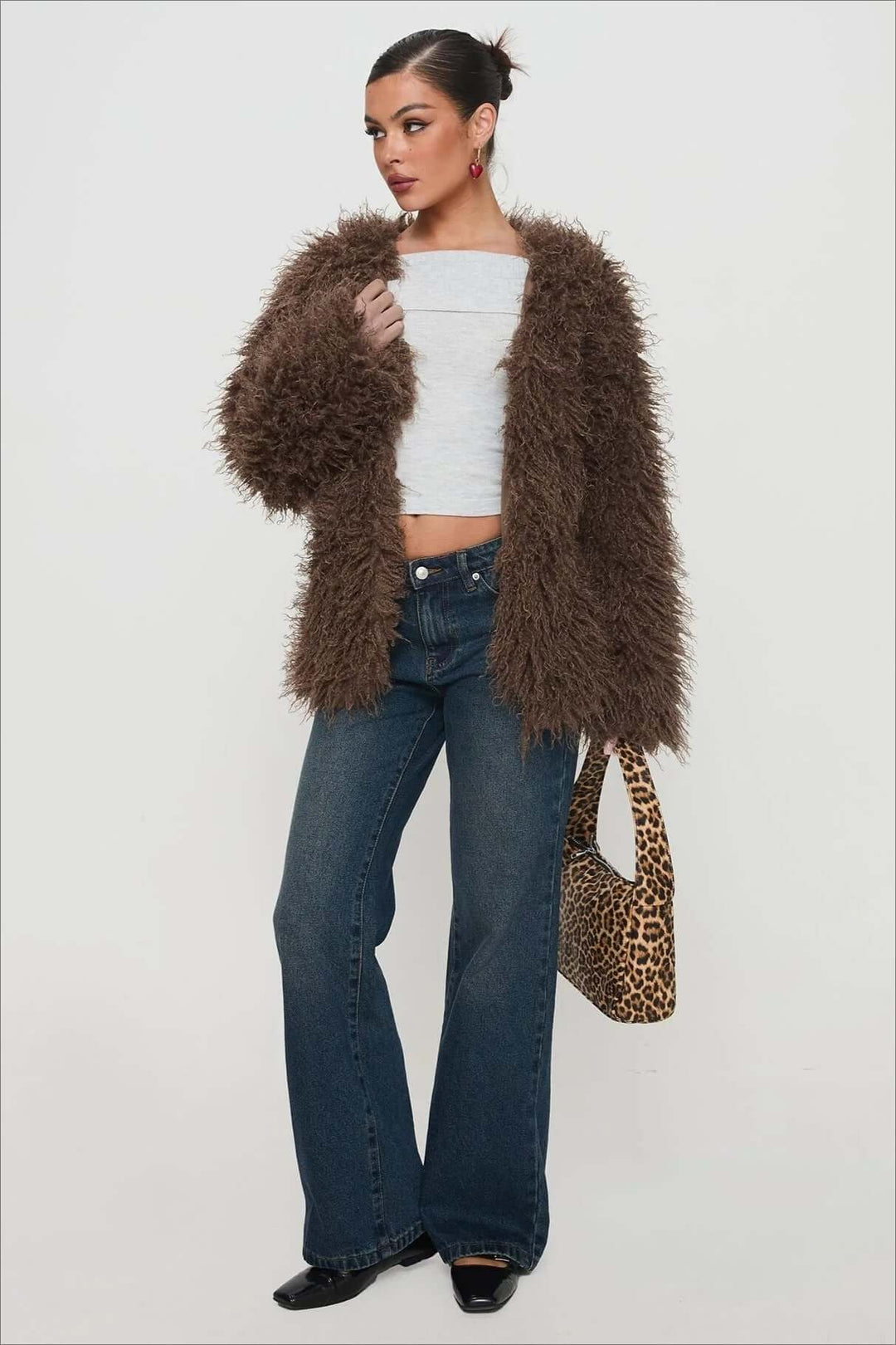 Fluffy Brązowy imitacja Fur oversize kurtka