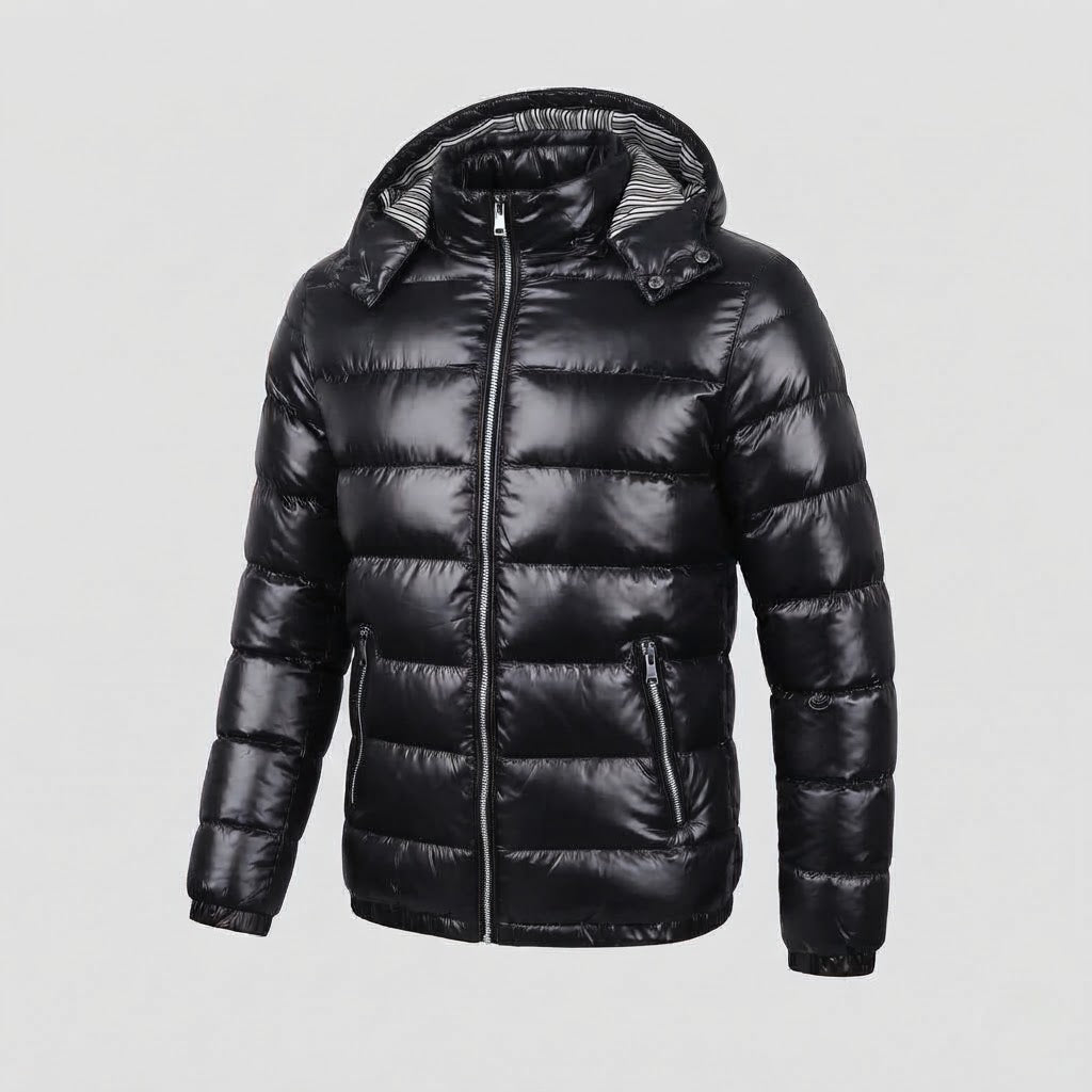 Męski Glossy Pikowany Kurtka z Kaptur, Striped Podszewka &amp; Kontrastowy Zippers