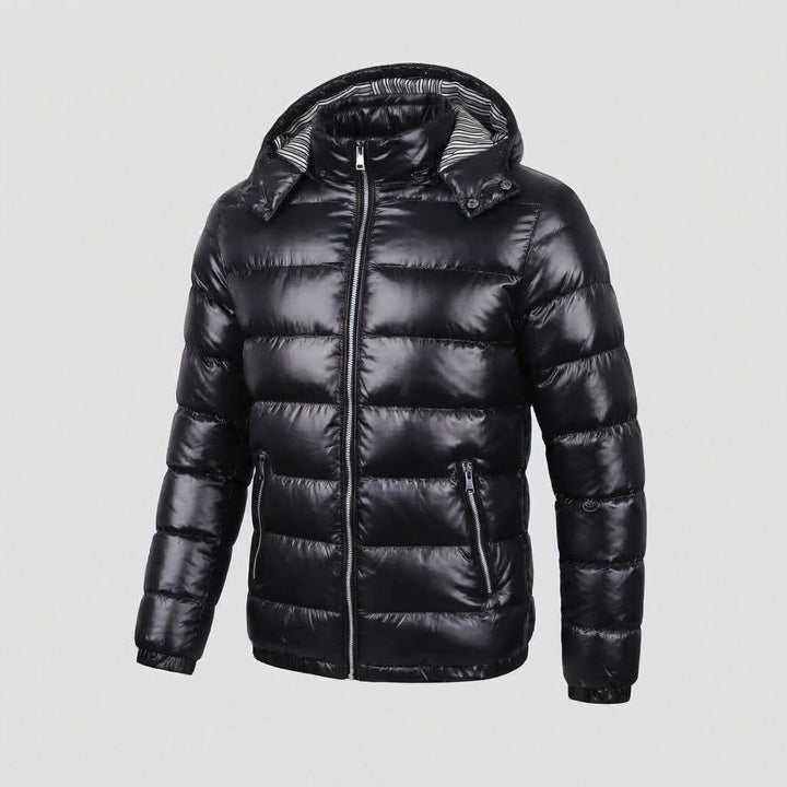 Męski Glossy Pikowany Kurtka z Kaptur, Striped Podszewka &amp; Kontrastowy Zippers