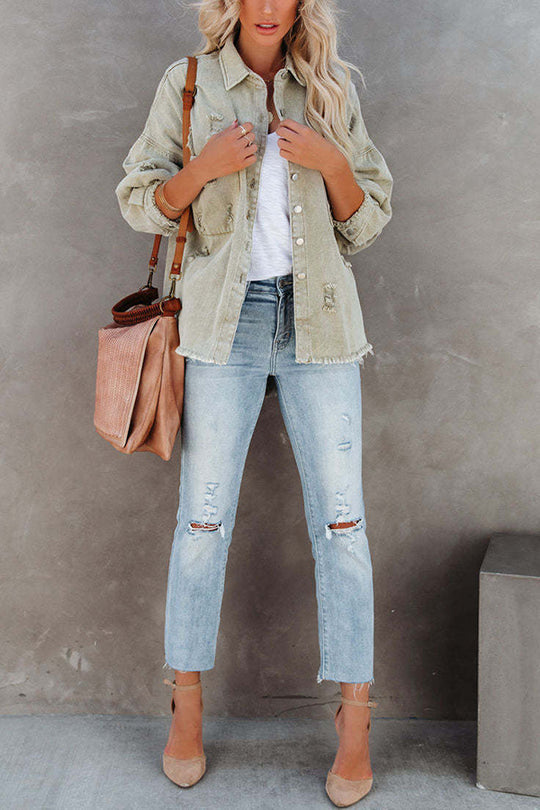 Revers długa rękaw Ripped denim kurtka