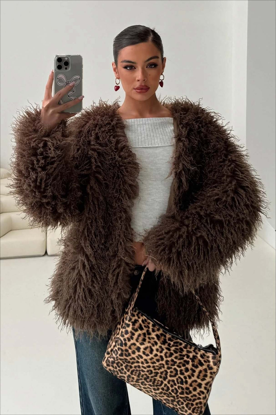 Fluffy Brązowy imitacja Fur oversize kurtka