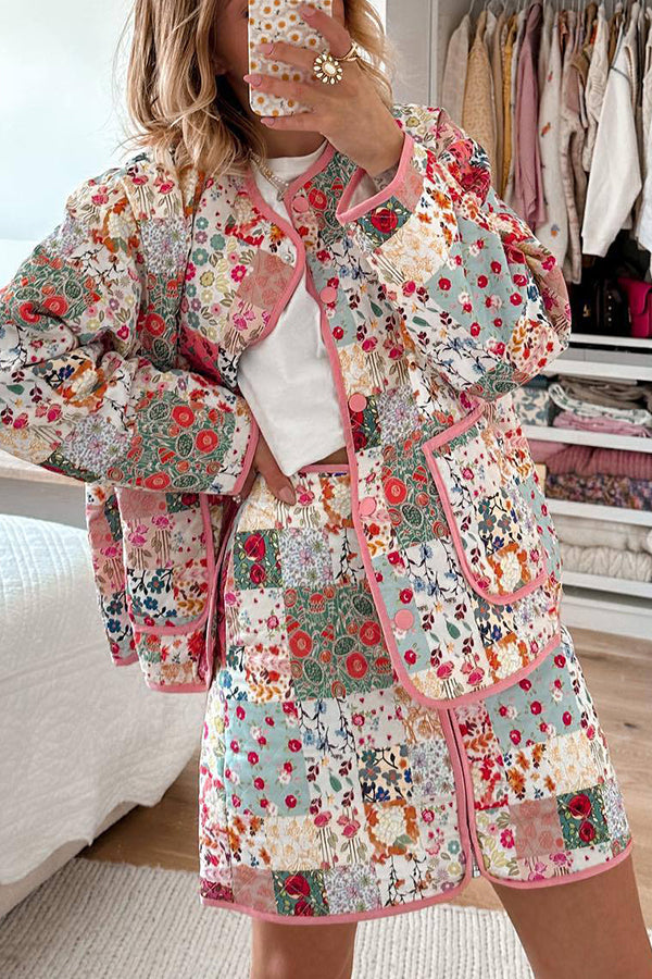 Patchwork Floral wzór Prwt guzik zapięcie z kieszeniami pikowana lekka kurtka