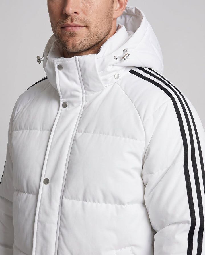 Męski długi ocieplany z kapturem pikowany kurtka z sporty striped rękawy i wiatroszczelny zewnętrzna warstwa