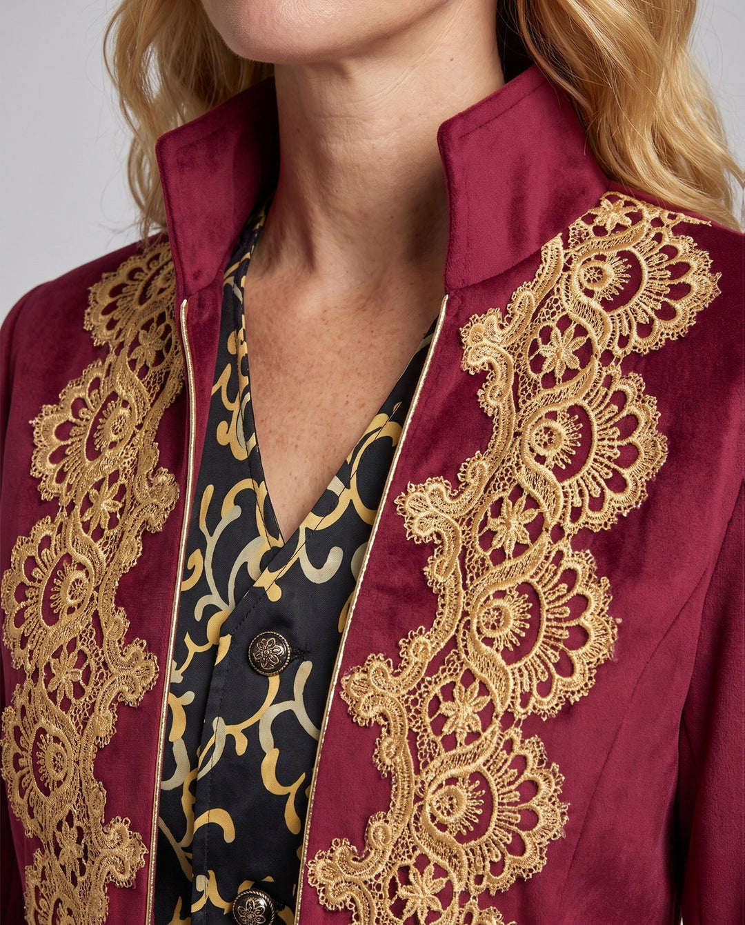 Damska elegancka Gala kurtka z intricate Gold Pattern Lumaza
