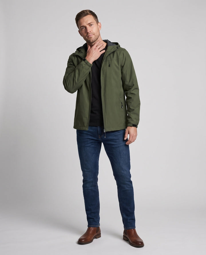 Męska lekka funkcjonalne kurtka outdoorowa z kapturem, Multi-warstwa softshell i Hidden zamkiem
