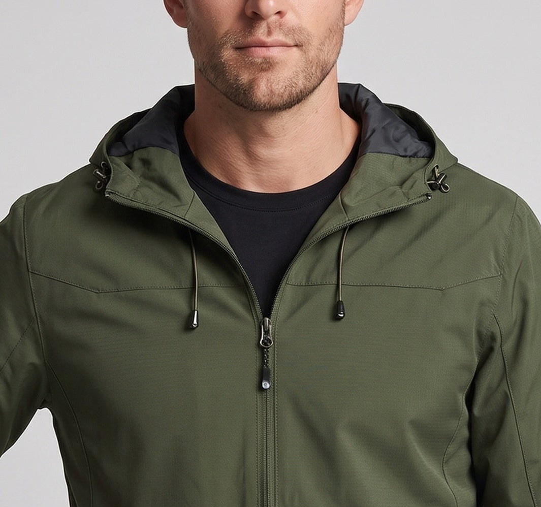 Męska lekka funkcjonalne kurtka outdoorowa z kapturem, Multi-warstwa softshell i Hidden zamkiem